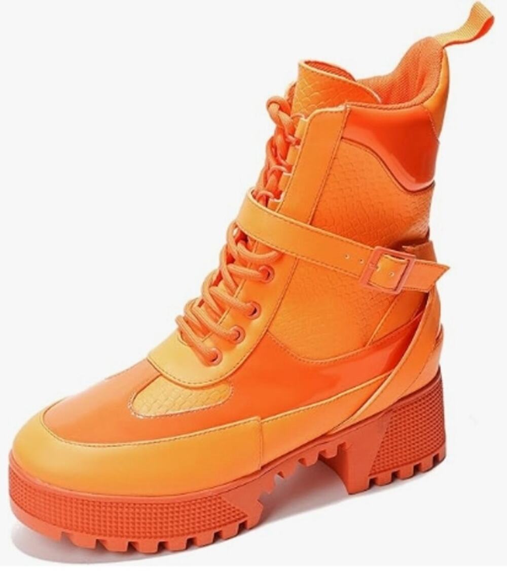 Women's Platform Combat Boots Chunky Block Heel Hot Rod Orange Size 9 NIB